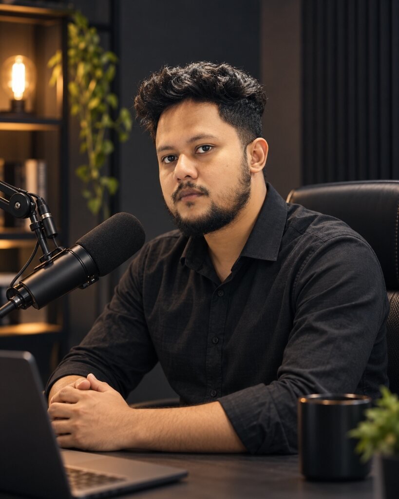 Hridoy Hussain, host of the Hridoy Hussain Podcast, at the microphone